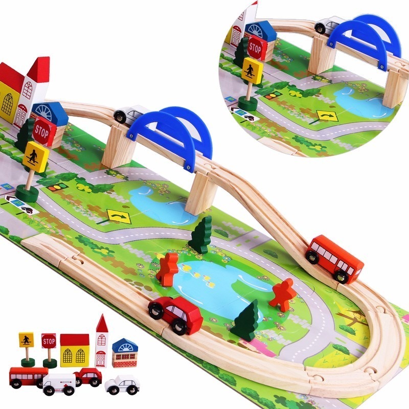 AUTOPISTA DE AUTOS CUBETA 29 PIEZAS MADERA MT06516