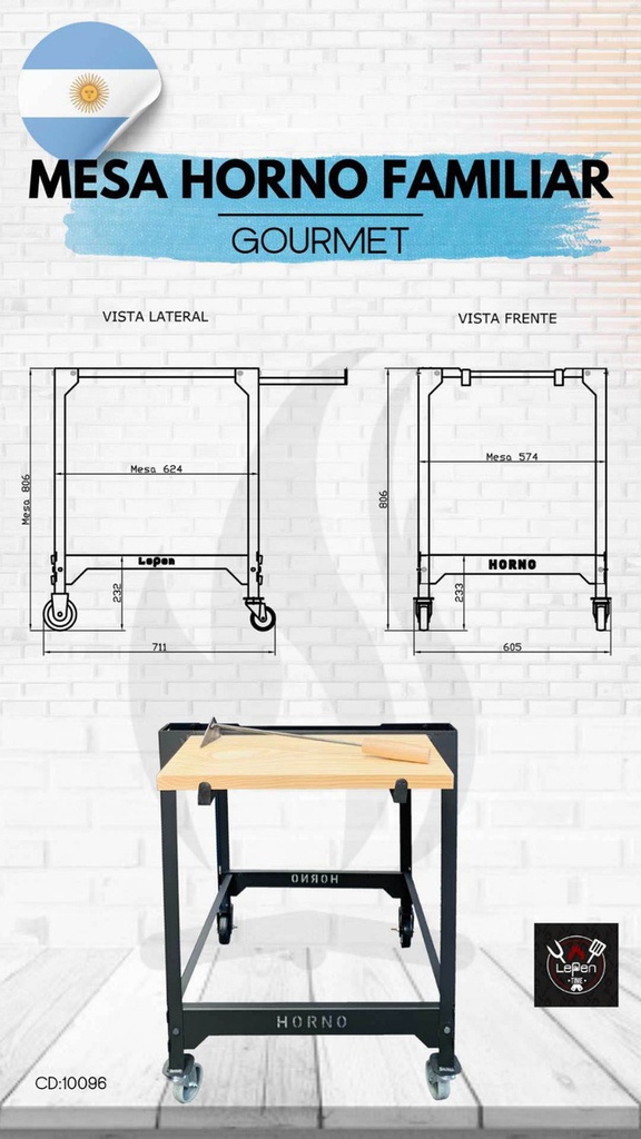 Mesa P/horno Lepen 500303 Gourmet C/ruedas Y Tabla