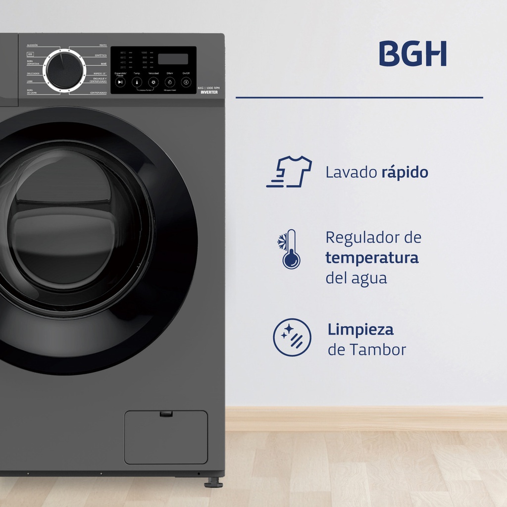 Lavarropas Automático Bgh Inverter 6kg 220v Gris Oscuro