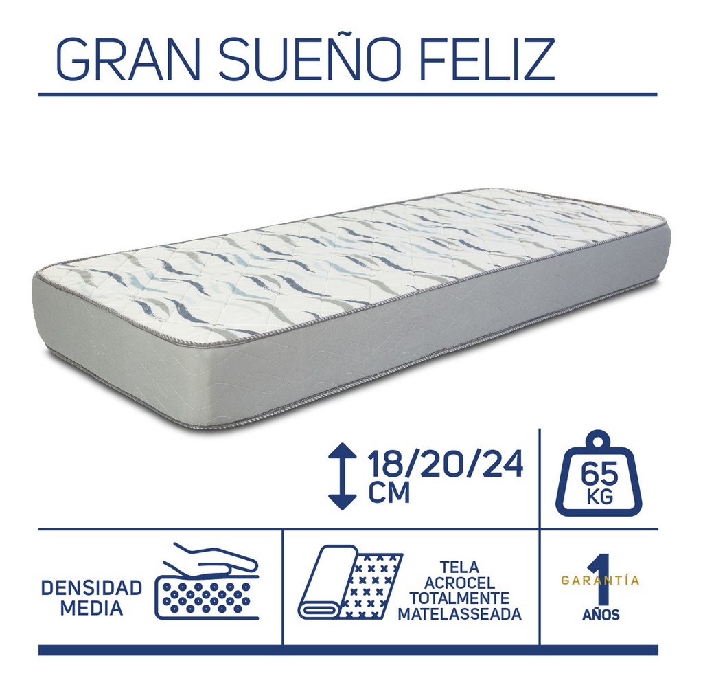 Colchón 1 Plaza Gran Sueño Feliz 2.0 Gani Espuma 80x190x18cm