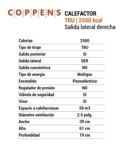 Calefactor Tiro Balanceado  U  Coppens 2500 Kcal Salida Der
