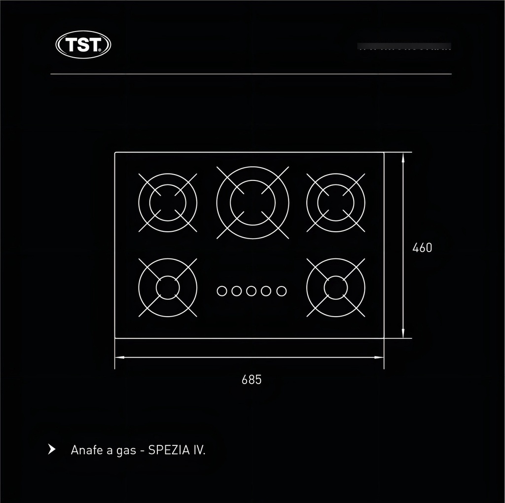 Anafe Gas Tst Spezia 5 Hornallas Vidrio Templado Negro
