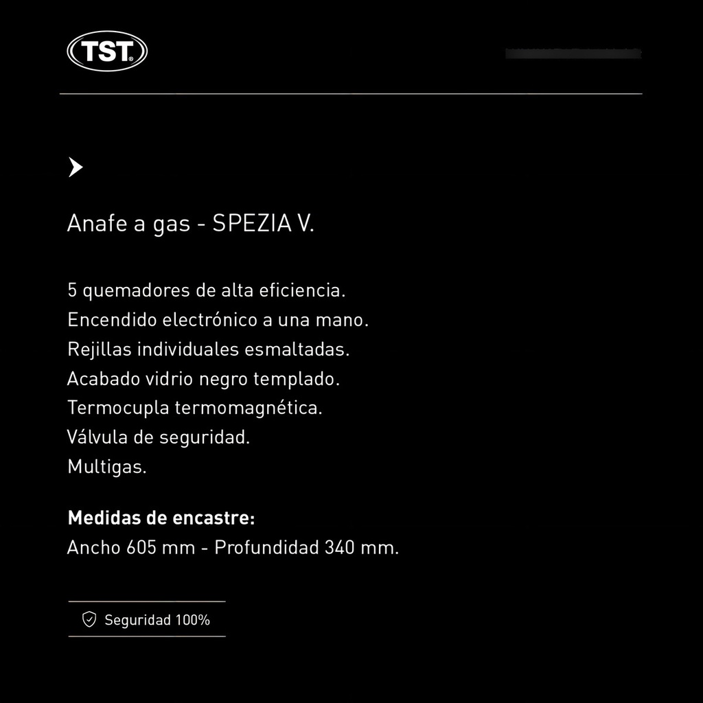 Anafe Gas Empotrable Tst Spezia 5 Hornallas Vidrio Templado