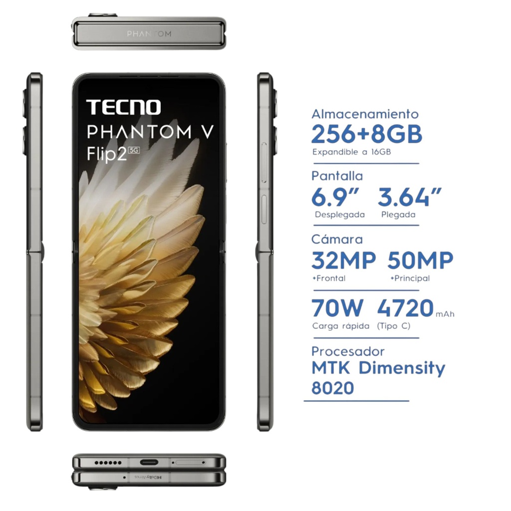 CELULAR TECNO PHANTOM V FLIP 2 5G 256/8 MOON GREY