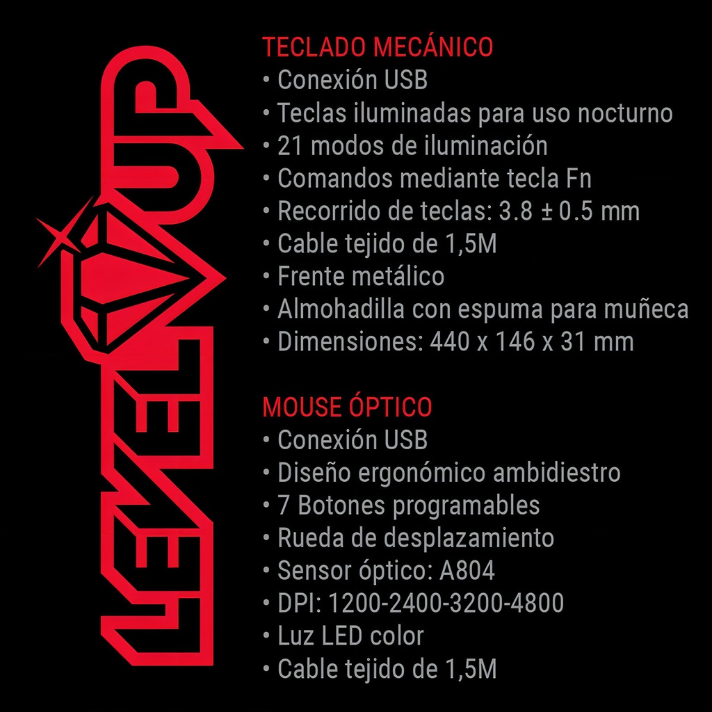 Combo Kit Gamer Teclado Mecanico + Mouse Optico Level Up