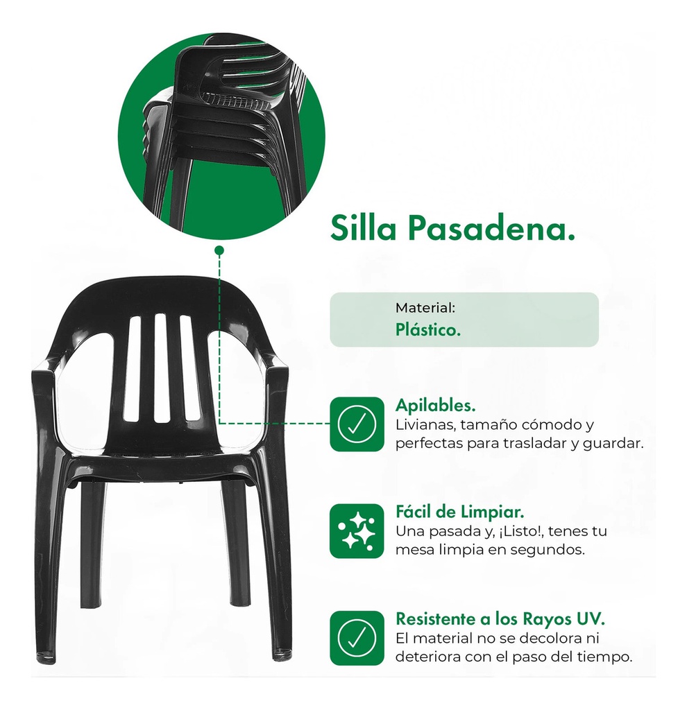 Silla Plástica Garden Life Pasadena Reforzada Negra Liso