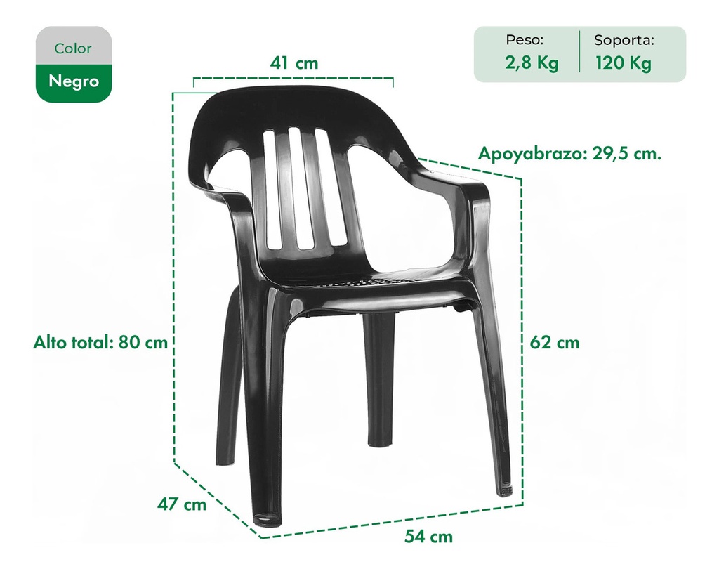 Silla Plástica Garden Life Pasadena Reforzada Negra Liso