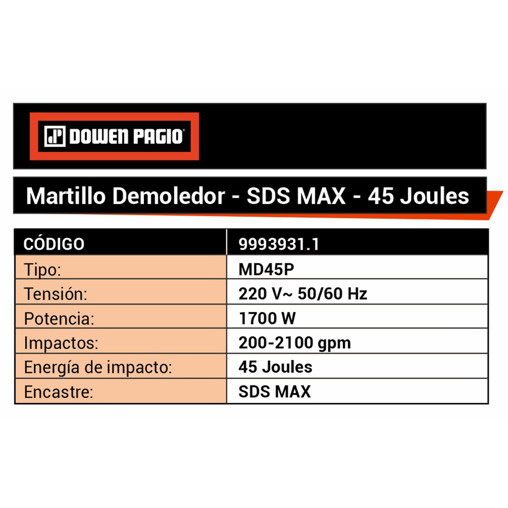 MARTILLO DEMOLEDOR DOWEN PAGIO 9993931.1 45J 1700W DP