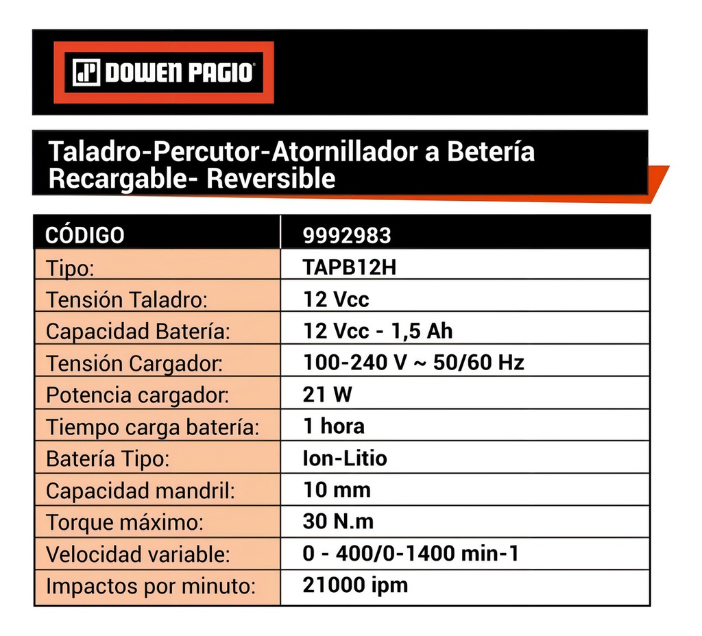 Taladro Percutor Inalámbrico 10mm Dowen Pagio Con Maletin Naranja 50/60