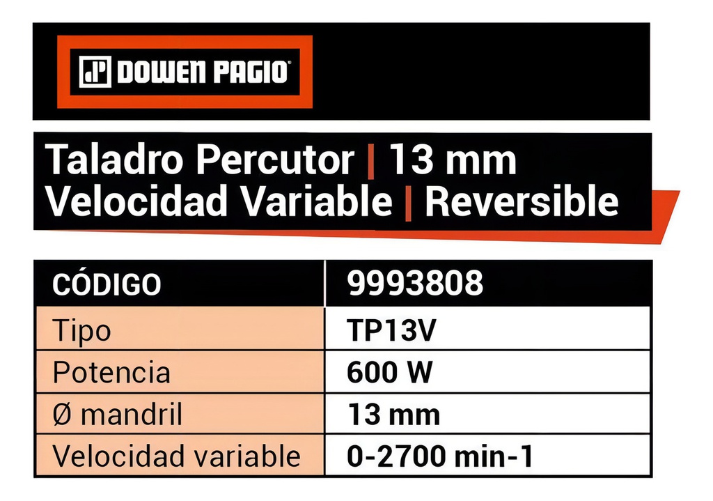 Taladro Percutor Dowen Pagio 13mm Vel Variable 600w 9993808 Naranja 50