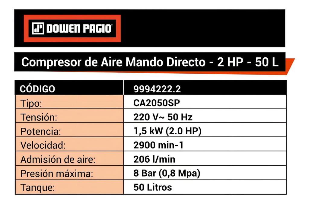 Compresor De Aire Eléctrico Dowen Pagio Ca2050sp 50l 2hp Naranja 50 Hz