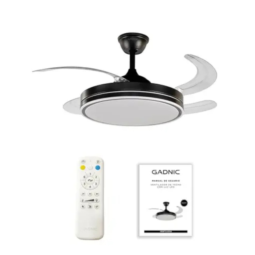 VENTILADOR DE TECHO GADNIC VENTLUZ02 RETRACTIL 4 ASPAS NEGRO