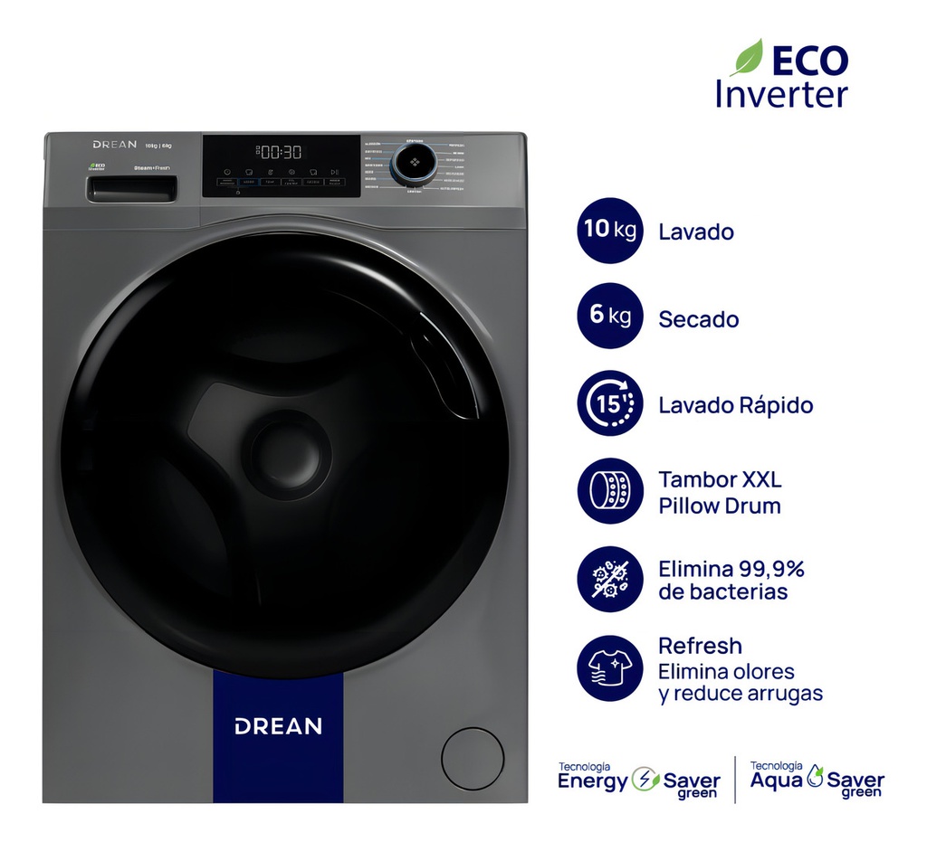 Lavasecarropas Ecoinverter 10 Kg Gris Drean Lscdr1006sg0 Gris