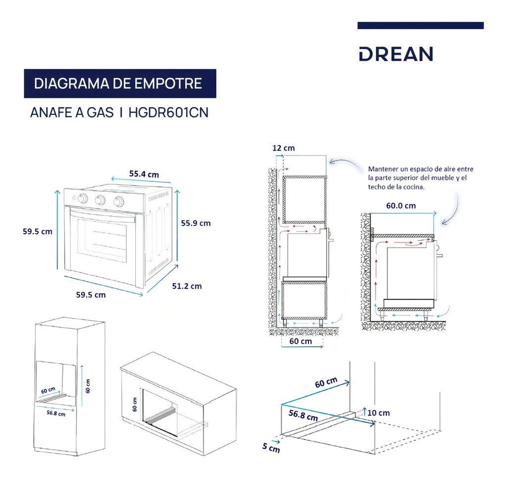Horno A Gas Drean Hgdr601cn Empotrable 60cm Digital Negro Negro