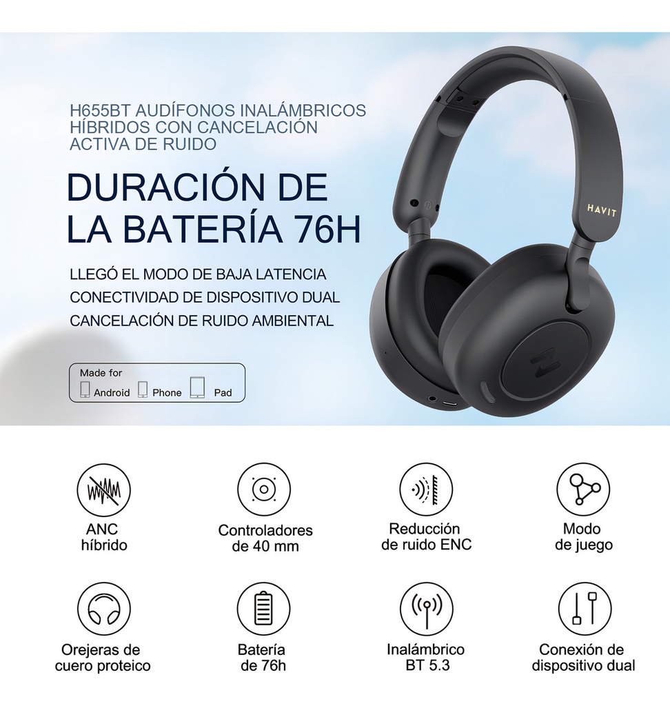 Auricular Inalambrico Havit H655bt Bluetooth Negro Negro