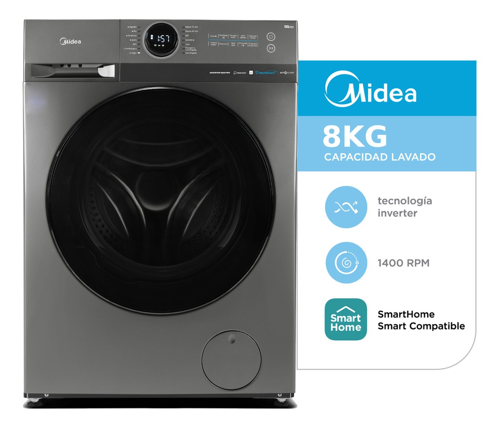 Lavarropas Inverter Midea Mf200w80wb/t-a1 8kg Titanium Gris Oscuro