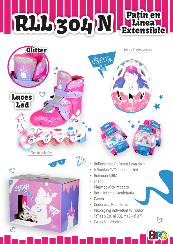 ROLLER BIPO EXTENSIBLE CON SET DE PROTECCIONES 4 RUEDAS CON LUCES UNICORNIO RLL304N 30/33