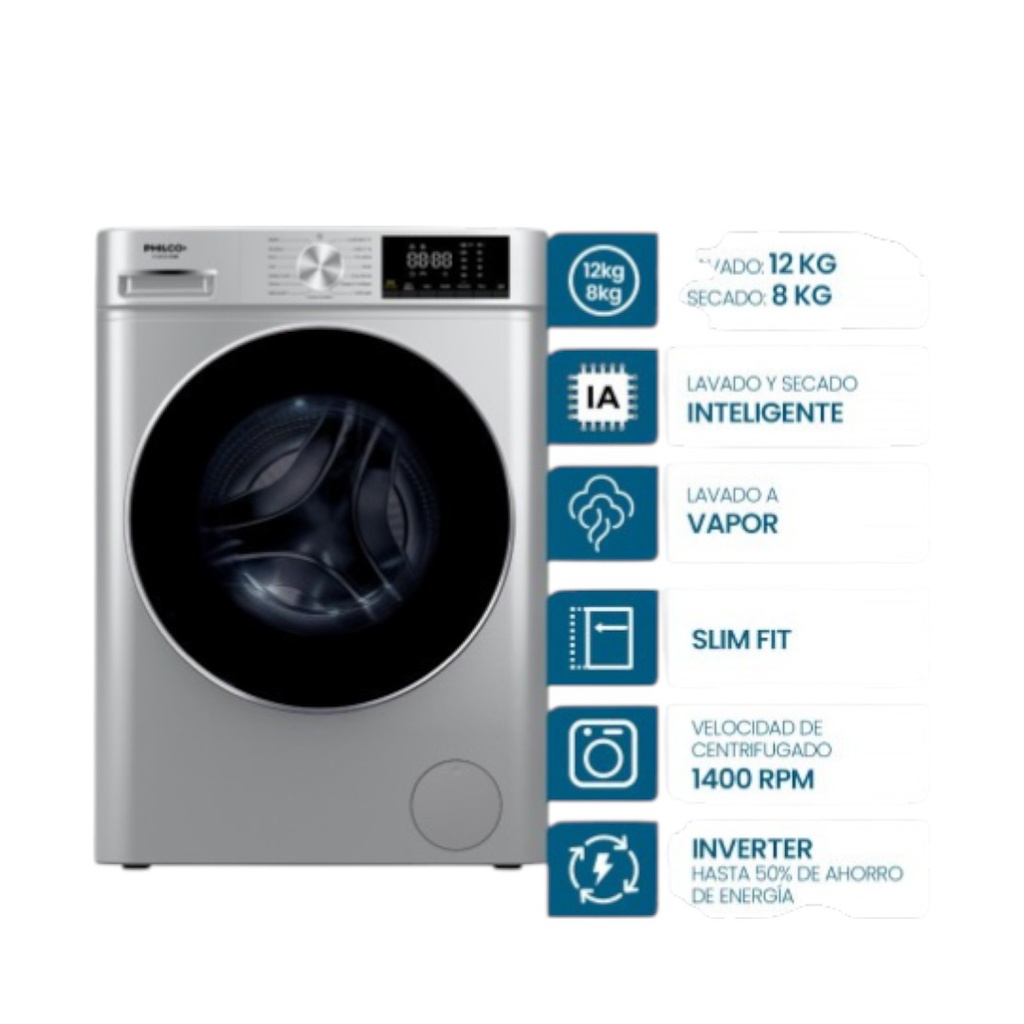 LAVASECARROPAS PHILCO PHLS128-2GSN INVERTER 12KG FRONTAL SILVER